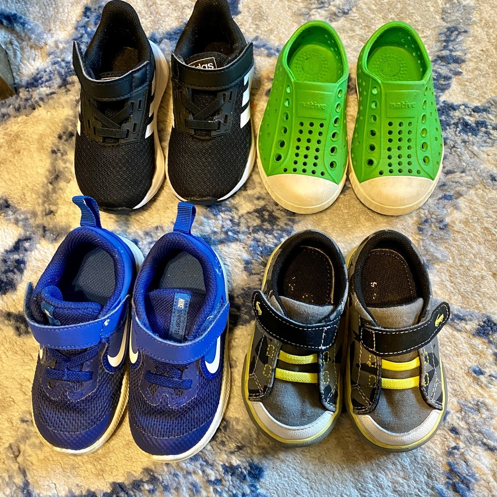 Lot of boys size 5 shoes. Native 5c, Adidas 5c, See Kai Run 5c, Nike 6c